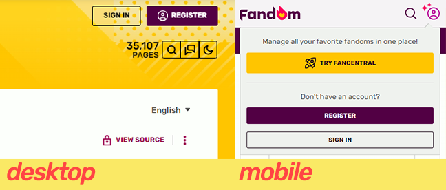 A graphic showing where on Fandom's user interface the register button is.